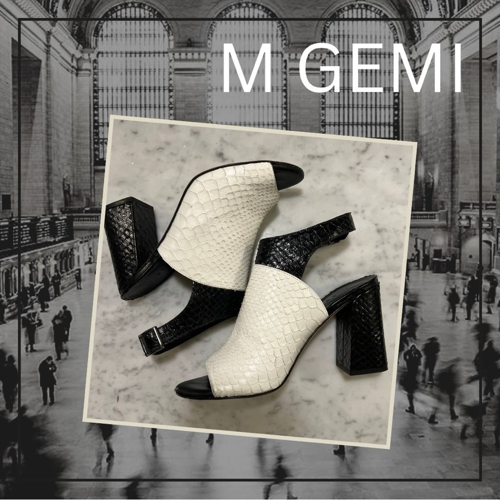 M. GEMI sculptured heel faux snake skin peep toe heels